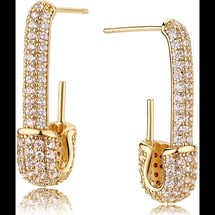 18k Gold Safety Pin Earrings Paved Austrian Crystal 28$